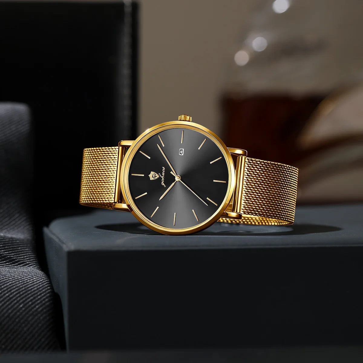 US Local Stock Gohuos 8829 Golden Mesh Steel Strap Fashion Men's Quartz Watches Reloj Para Hombre Date Display Waterproof Watch