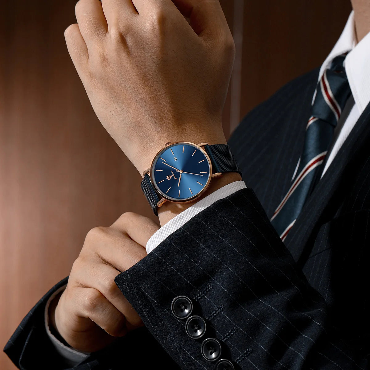 US Local Stock Gohuos 8829 Golden Mesh Steel Strap Fashion Men's Quartz Watches Reloj Para Hombre Date Display Waterproof Watch