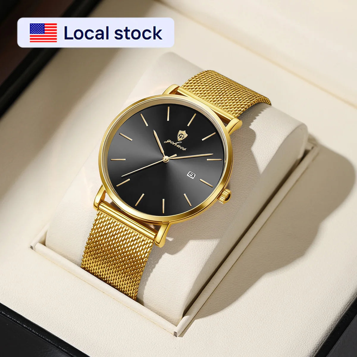US Local Stock Gohuos 8829 Golden Mesh Steel Strap Fashion Men's Quartz Watches Reloj Para Hombre Date Display Waterproof Watch