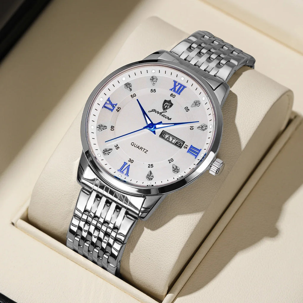 US Local Stock Gohuos 8806 Stainless Steel Quartz Men Watches Date Week Display Luminous Hands 30M Waterproof Wristwatch Reloj