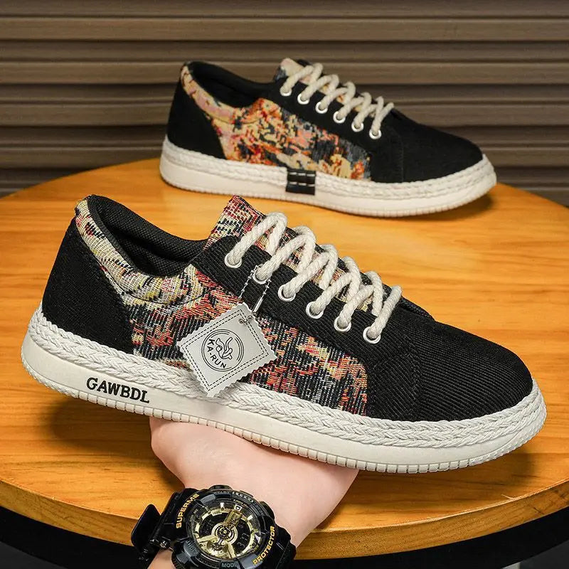 Factory OEM Retro Designer Men Lace up Canvas Spliced Sneakers Woven Thick Sole Casual Espadrille Style Street Skate Shoes