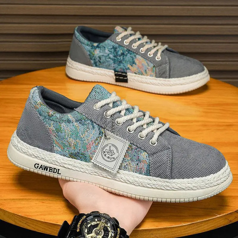Factory OEM Retro Designer Men Lace up Canvas Spliced Sneakers Woven Thick Sole Casual Espadrille Style Street Skate Shoes