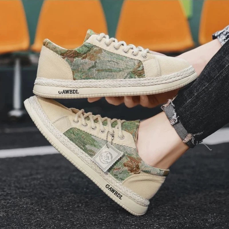 Factory OEM Retro Designer Men Lace up Canvas Spliced Sneakers Woven Thick Sole Casual Espadrille Style Street Skate Shoes