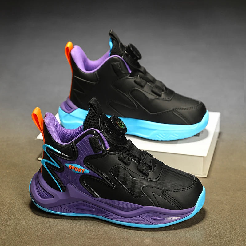 New Arrival Boys Leather Upper Sweat Wicking Sports Shoes Easy Rotating Buckle Casual Running Sneakers for Daily Outdoor