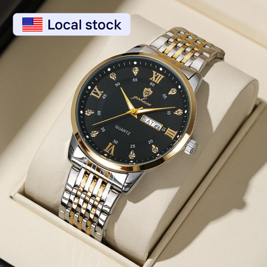 US Local Stock Gohuos 8806 Stainless Steel Quartz Men Watches Date Week Display Luminous Hands 30M Waterproof Wristwatch Reloj