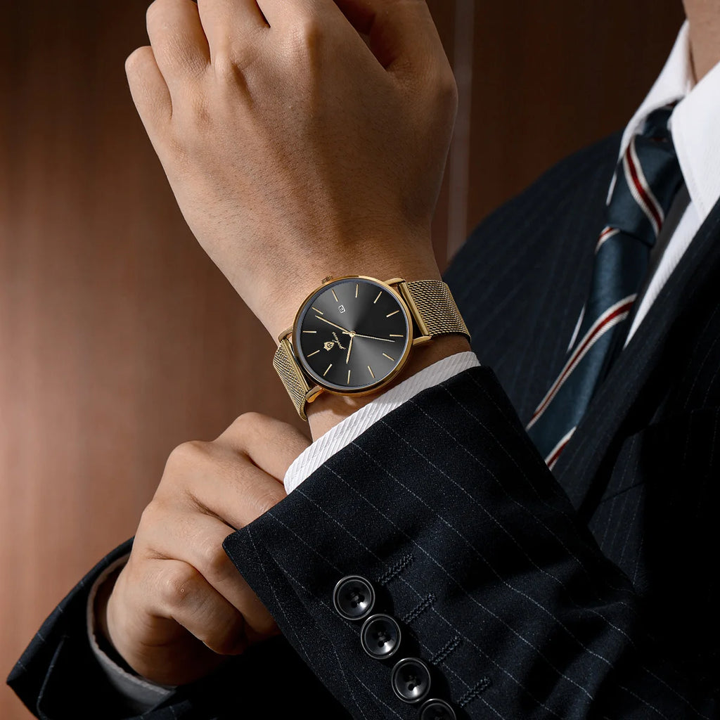 US Local Stock Gohuos 8829 Golden Mesh Steel Strap Fashion Men's Quartz Watches Reloj Para Hombre Date Display Waterproof Watch