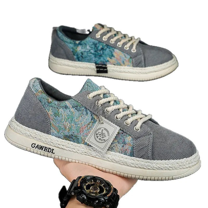 Factory OEM Retro Designer Men Lace up Canvas Spliced Sneakers Woven Thick Sole Casual Espadrille Style Street Skate Shoes