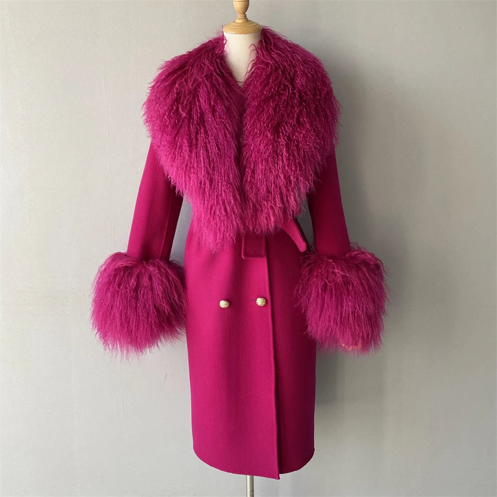 Jxwatcher Wool Cashmere Coat Women Real Mongolian Sheep Fur Collar Ladies Double Faced Coats Belt Winter Fall Long Trench Jacket