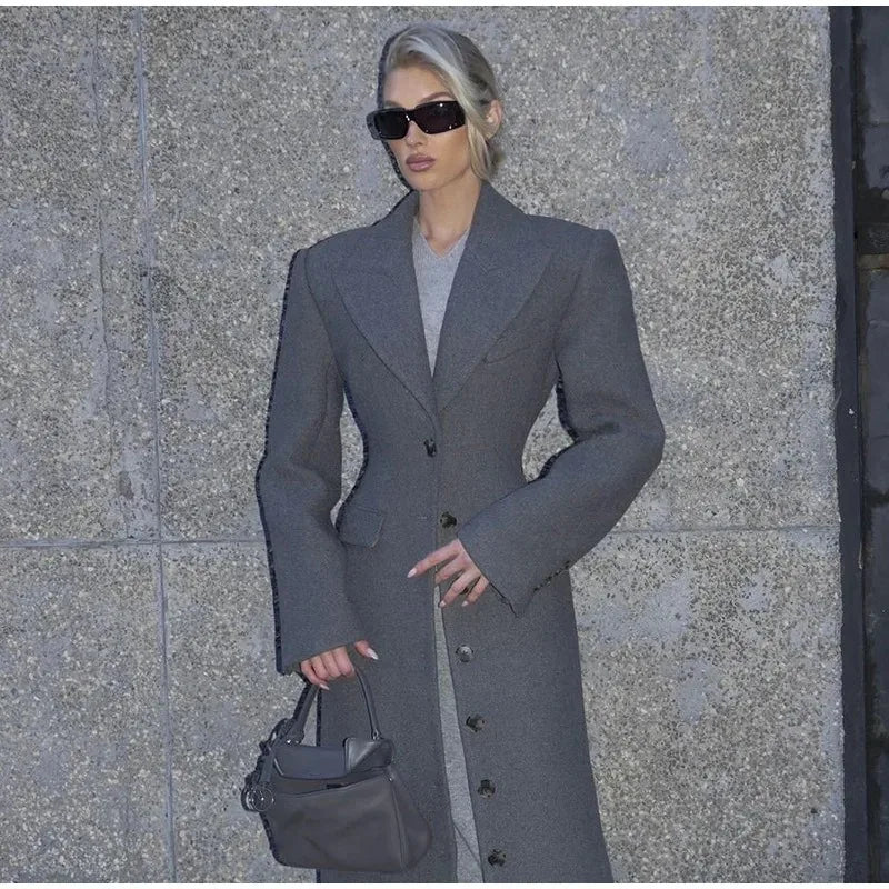 Mode för kvinnor: Yllekappor för höst och vinter.    Thin Temperament Elegant Lapel High Waist Long Style