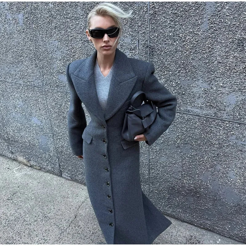 Mode för kvinnor: Yllekappor för höst och vinter.    Thin Temperament Elegant Lapel High Waist Long Style