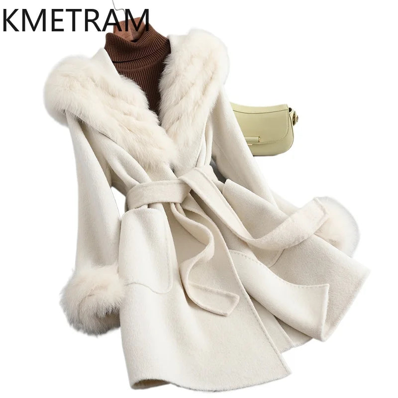 100% Natural Wool Jacket with Detachable Fox Fur Luxury Real Coat Woman Hoodie Winter Clothes 2025 New in Coats шуба женская