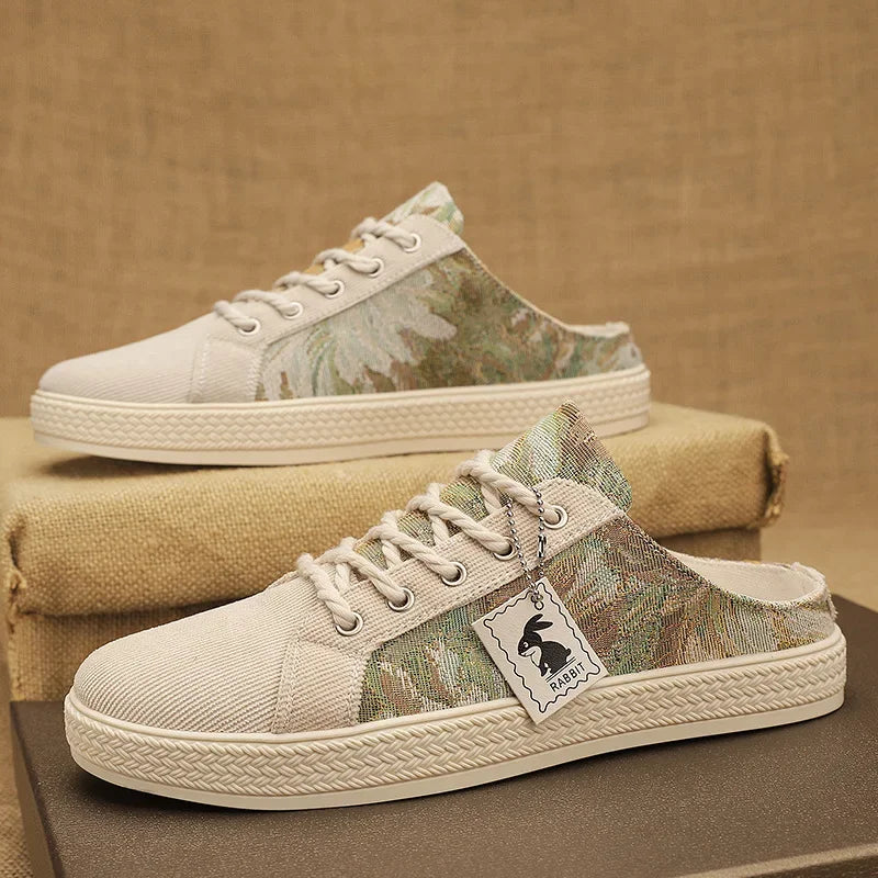 2025 Summer Trendy New Men's Casual Canvas Shoes Breathable Comfortable Lightweight Half Slippers Soft Soled Men's Shoes