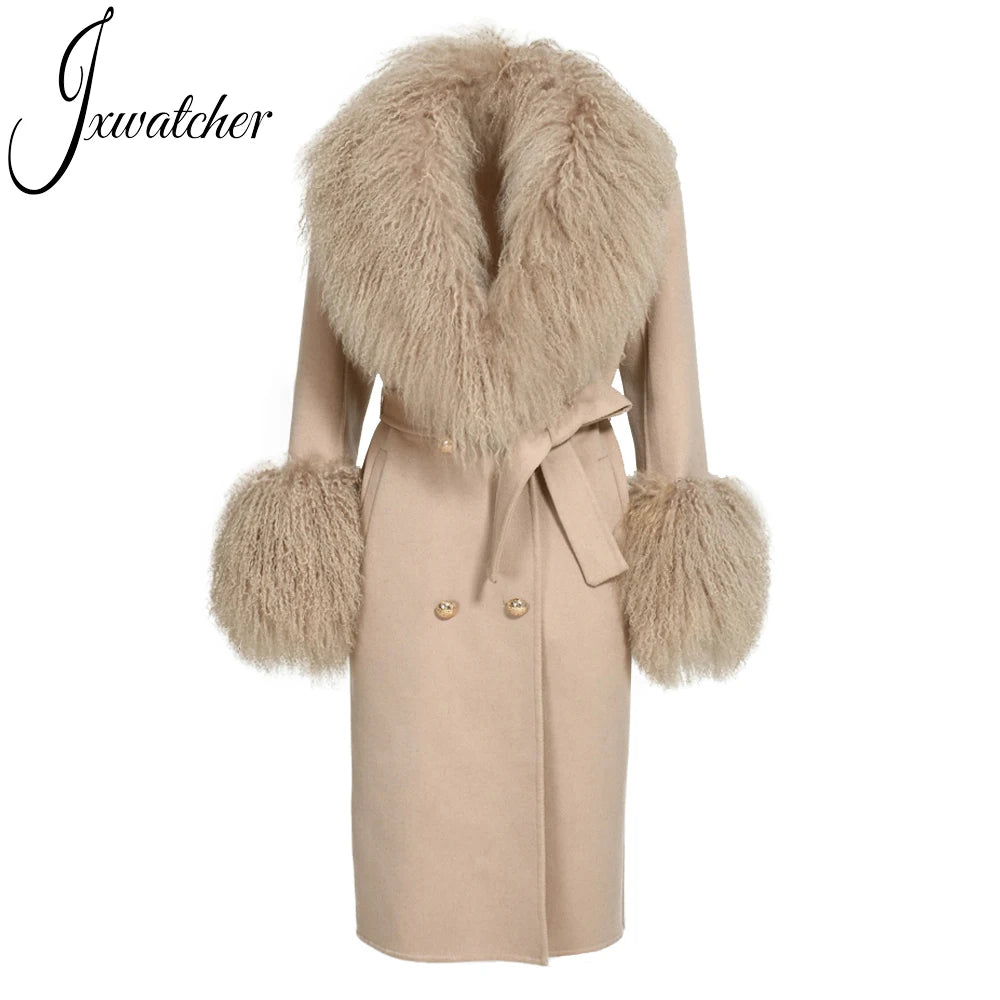 Jxwatcher Wool Cashmere Coat Women Real Mongolian Sheep Fur Collar Ladies Double Faced Coats Belt Winter Fall Long Trench Jacket