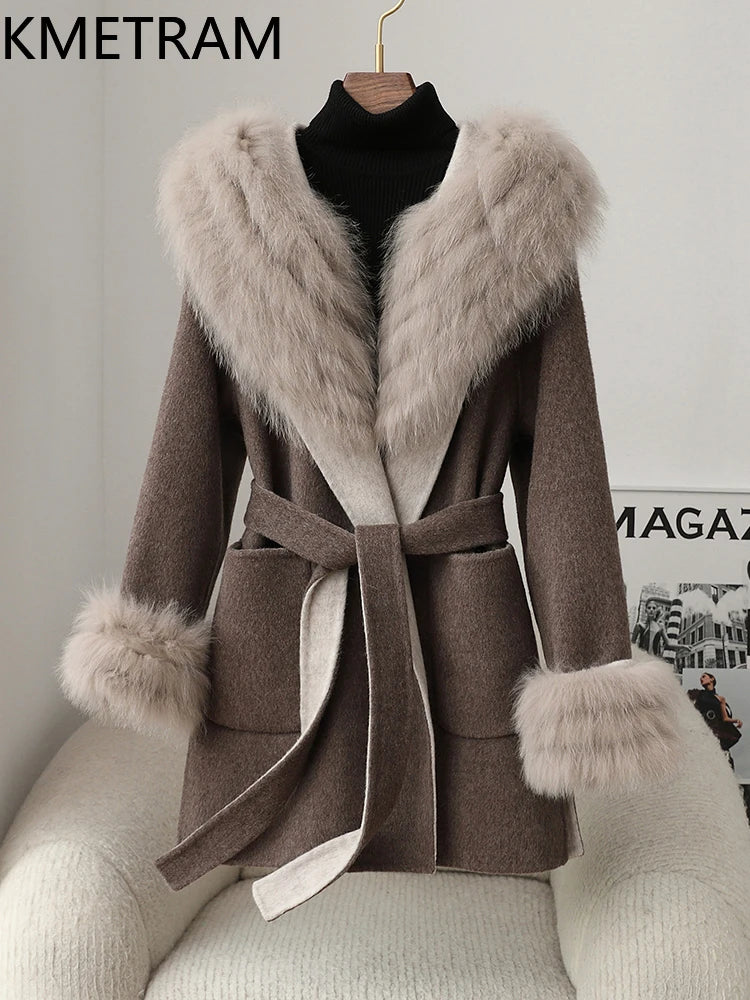 100% Natural Wool Jacket with Detachable Fox Fur Luxury Real Coat Woman Hoodie Winter Clothes 2025 New in Coats шуба женская
