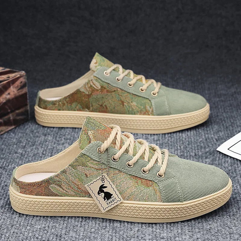 2025 Summer Trendy New Men's Casual Canvas Shoes Breathable Comfortable Lightweight Half Slippers Soft Soled Men's Shoes