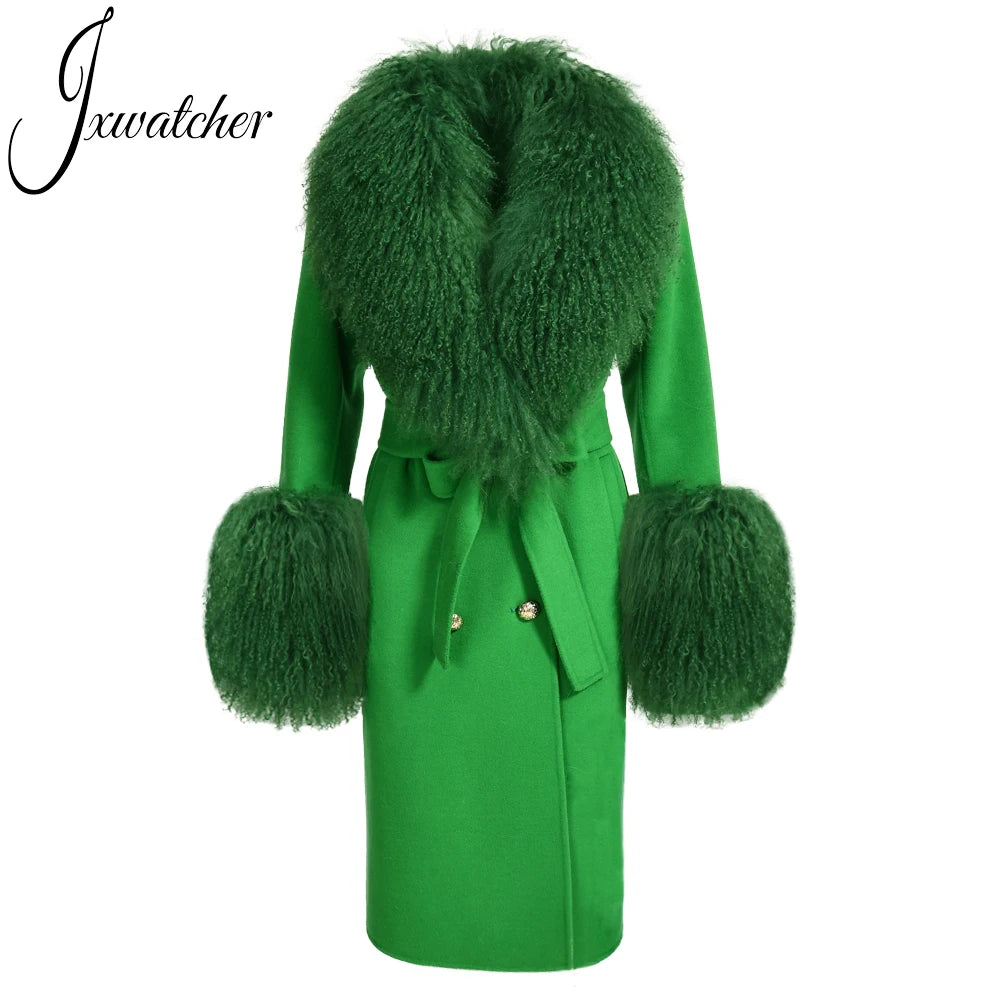 Jxwatcher Wool Cashmere Coat Women Real Mongolian Sheep Fur Collar Ladies Double Faced Coats Belt Winter Fall Long Trench Jacket