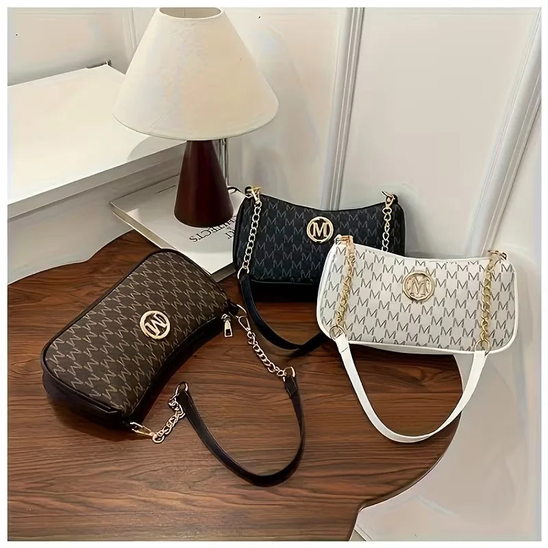 Women Vintage M Monogram Shoulder Bag Gold Chain PU Leather Crossbody Baguette Bag Casual Underarm Handbag For Ladies Daily Use