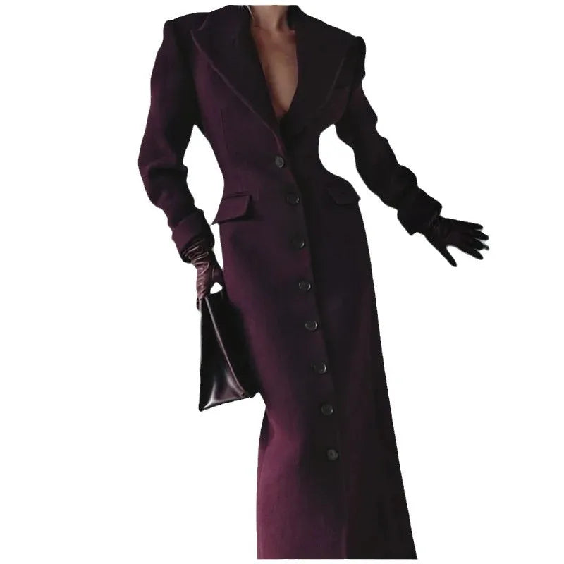 Mode för kvinnor: Yllekappor för höst och vinter.    Thin Temperament Elegant Lapel High Waist Long Style