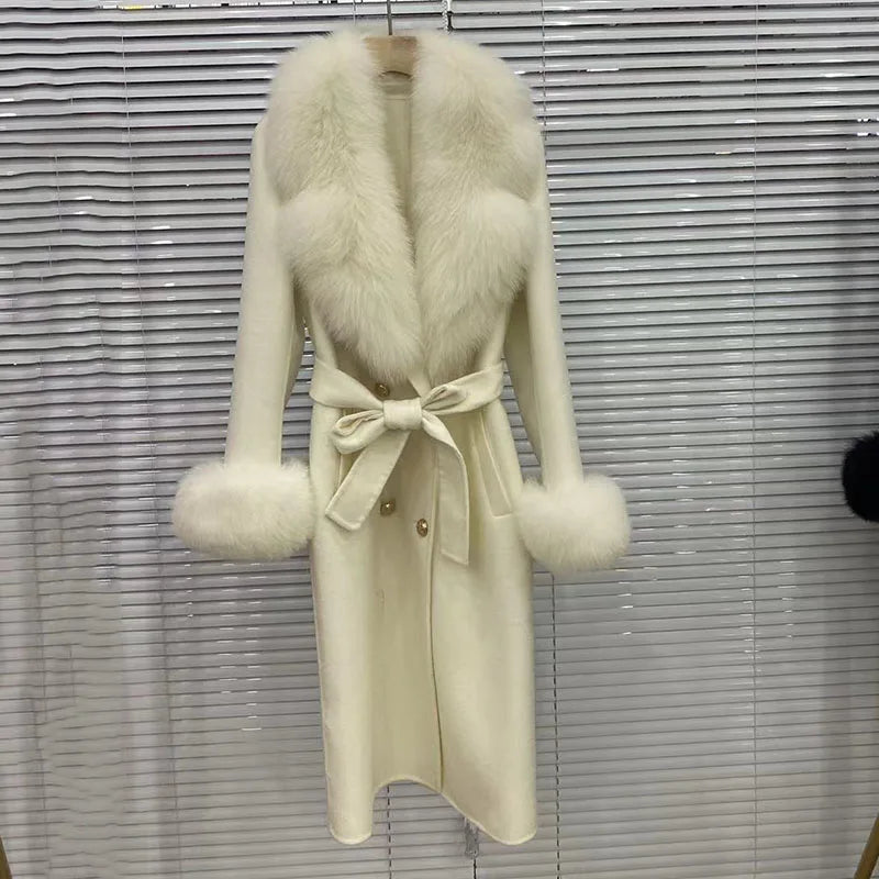 2023 Long Women Wool Cashmere Blended Coat with Big Real Fox Fur Collar Fashion Winter Jacket double breasted Belt Outwear Cuff