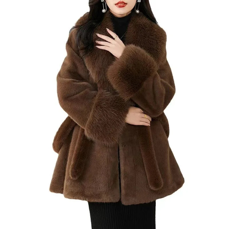 Luxury High Quality New Large Fur Collar Fur Coat Belt Slim Jacket Women Winter Warm Eco-Friendly Mink Fox Fur Coat Premium Tops