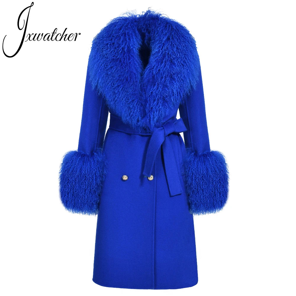 Jxwatcher Wool Cashmere Coat Women Real Mongolian Sheep Fur Collar Ladies Double Faced Coats Belt Winter Fall Long Trench Jacket