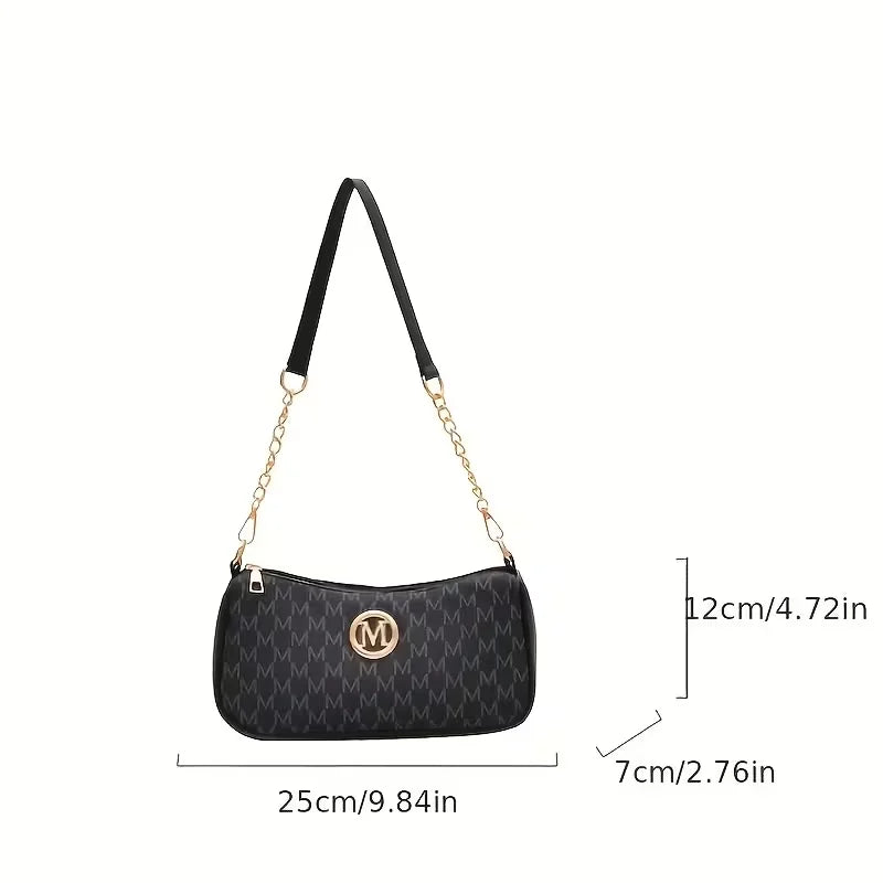 Women Vintage M Monogram Shoulder Bag Gold Chain PU Leather Crossbody Baguette Bag Casual Underarm Handbag For Ladies Daily Use