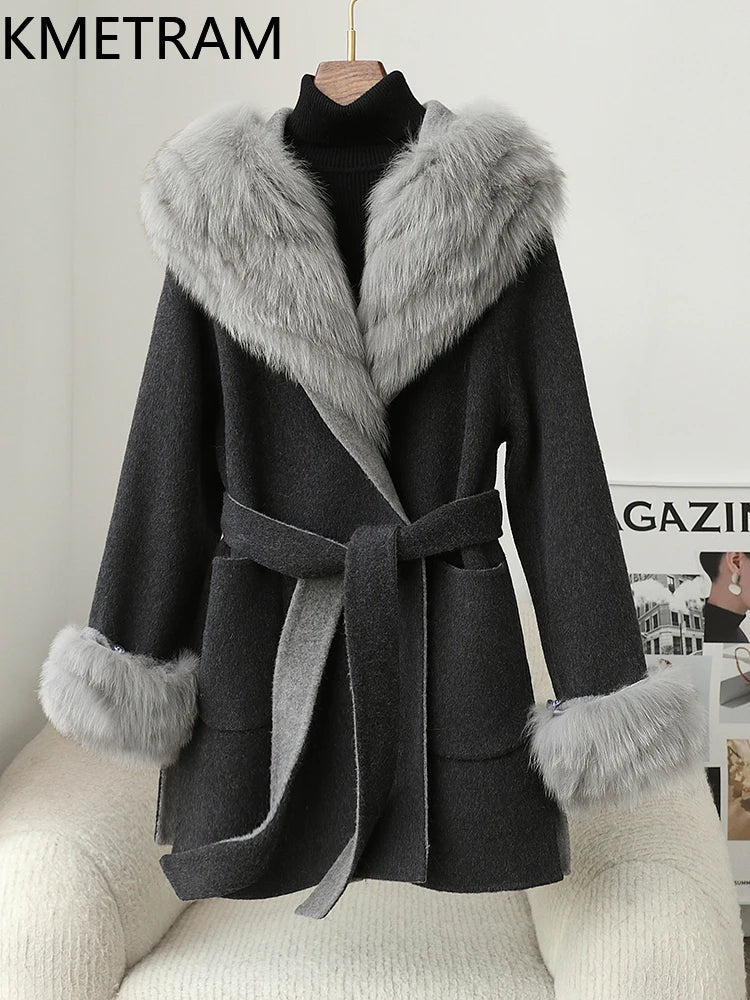 100% Natural Wool Jacket with Detachable Fox Fur Luxury Real Coat Woman Hoodie Winter Clothes 2025 New in Coats шуба женская