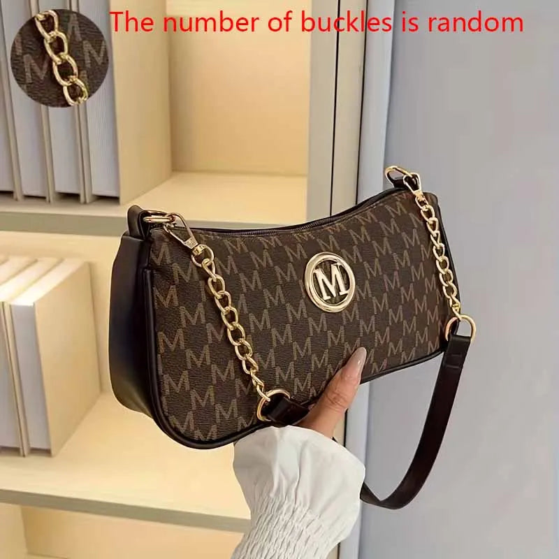Women Vintage M Monogram Shoulder Bag Gold Chain PU Leather Crossbody Baguette Bag Casual Underarm Handbag For Ladies Daily Use