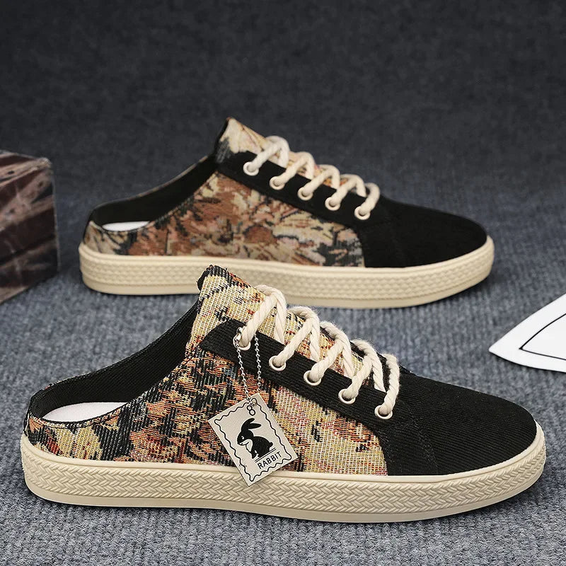 2025 Summer Trendy New Men's Casual Canvas Shoes Breathable Comfortable Lightweight Half Slippers Soft Soled Men's Shoes