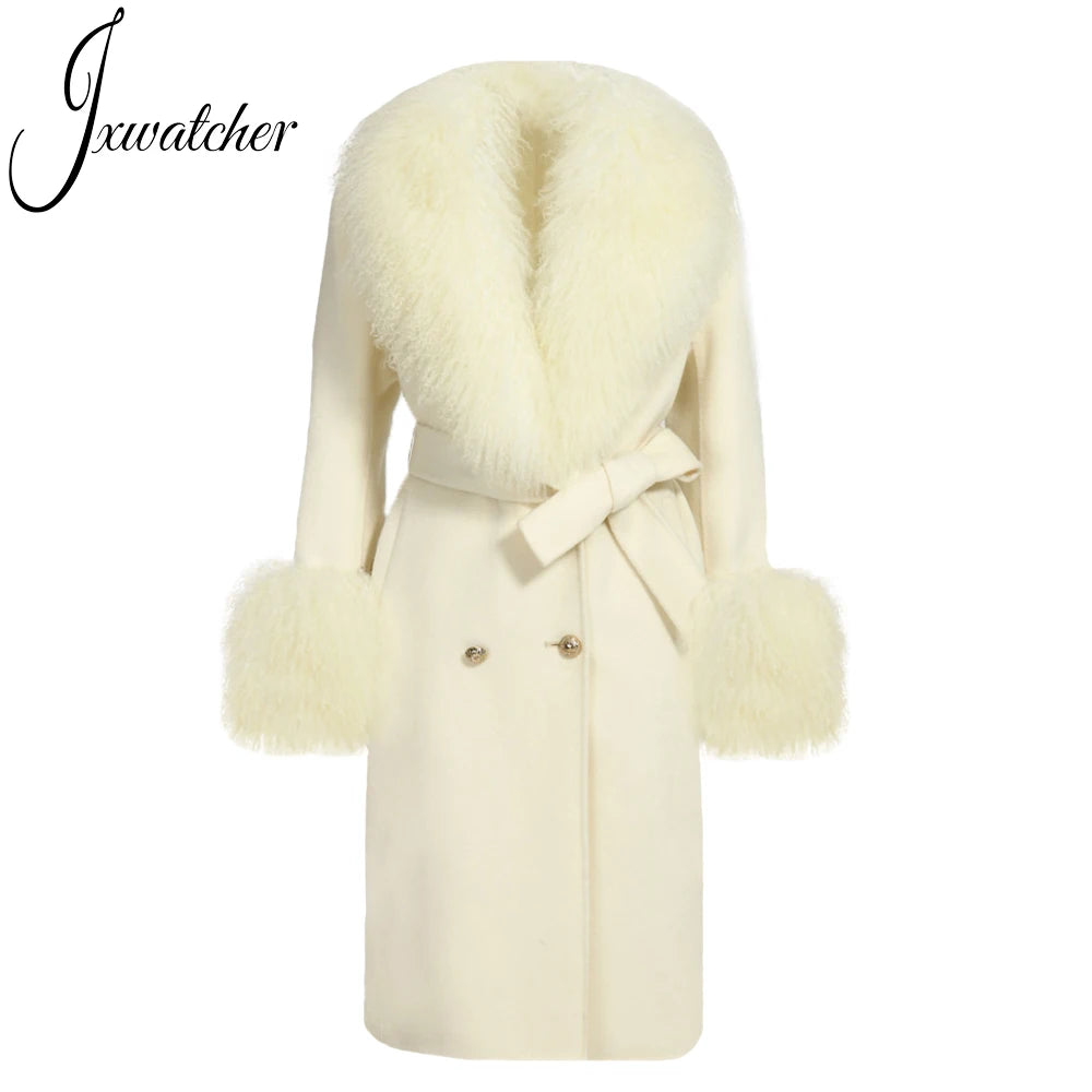 Jxwatcher Wool Cashmere Coat Women Real Mongolian Sheep Fur Collar Ladies Double Faced Coats Belt Winter Fall Long Trench Jacket