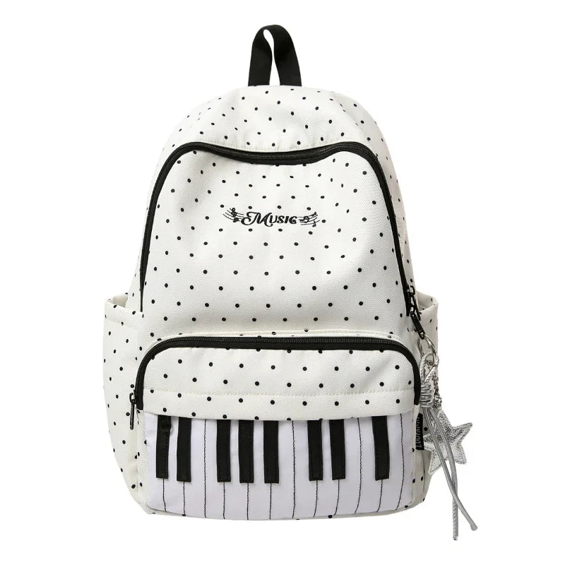 Polka Dot Piano Keyboard Backpack Back-to-school Girl Music Theme Embroidered Nylon Backpack Large Capacity Lightweight Backpack