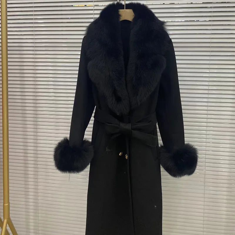 2023 Long Women Wool Cashmere Blended Coat with Big Real Fox Fur Collar Fashion Winter Jacket double breasted Belt Outwear Cuff