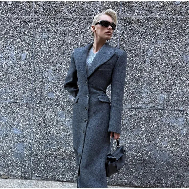 Mode för kvinnor: Yllekappor för höst och vinter.    Thin Temperament Elegant Lapel High Waist Long Style