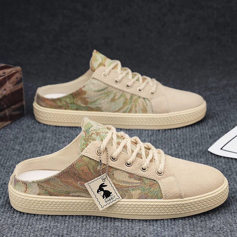 2025 Summer Trendy New Men's Casual Canvas Shoes Breathable Comfortable Lightweight Half Slippers Soft Soled Men's Shoes
