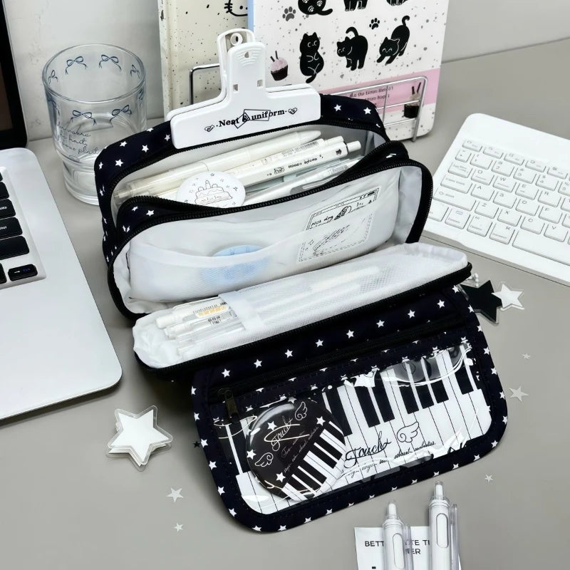 Polka Dot Piano Keyboard Backpack Back-to-school Girl Music Theme Embroidered Nylon Backpack Large Capacity Lightweight Backpack