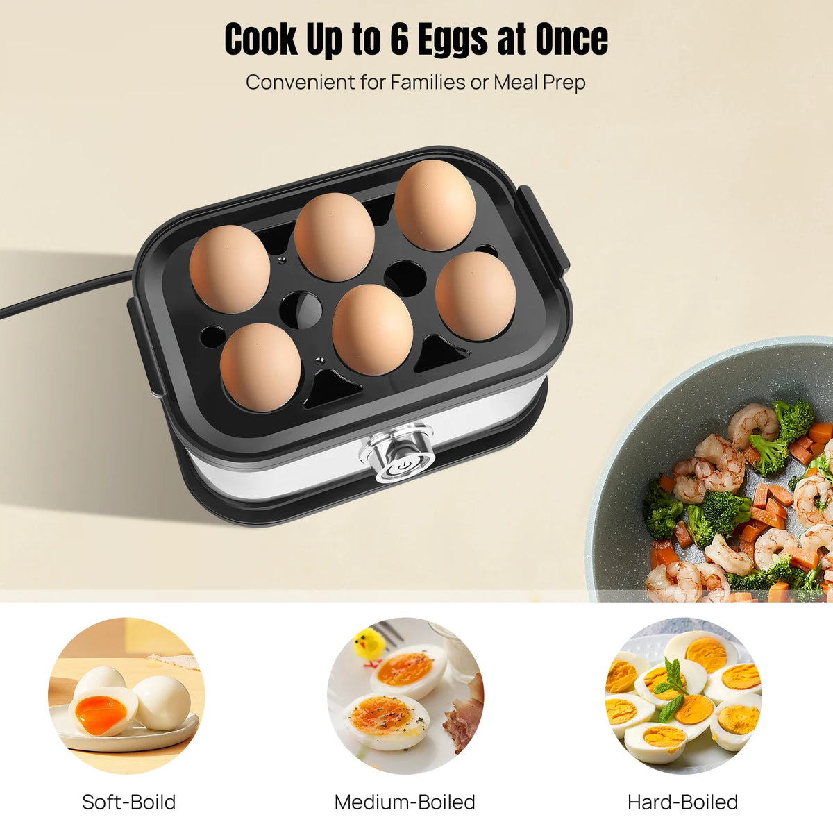 Egg Cooker Boiler, 350W Quick Boiling Electric Egg Poacher, Removable Tray, 6 Capacity Kitchen Stainless Steel Steamer
