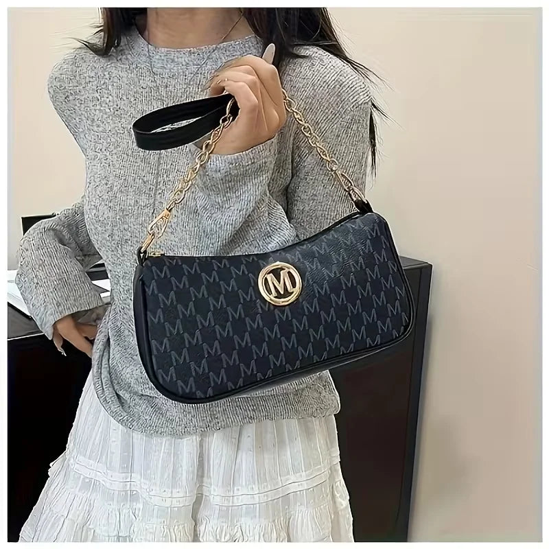 Women Vintage M Monogram Shoulder Bag Gold Chain PU Leather Crossbody Baguette Bag Casual Underarm Handbag For Ladies Daily Use