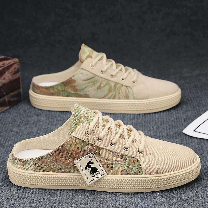 2025 Summer Trendy New Men's Casual Canvas Shoes Breathable Comfortable Lightweight Half Slippers Soft Soled Men's Shoes